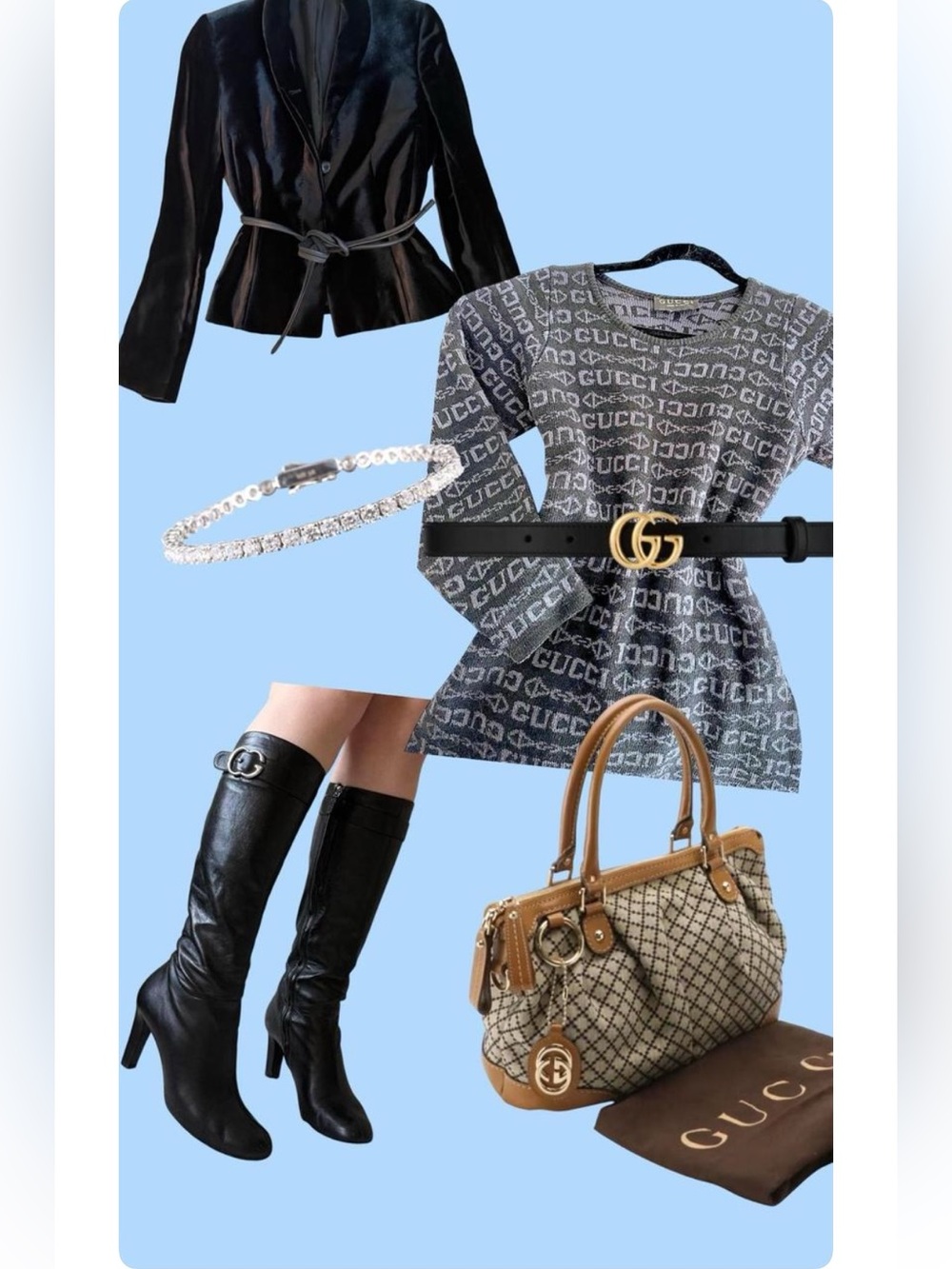 Gucci Black & Gray Logo Jacquard Wool Dress